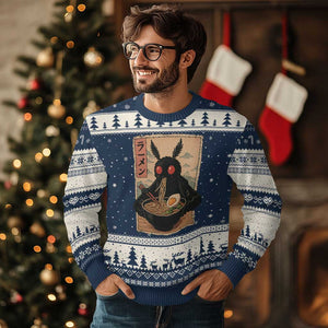 Funny Mothman Ramen Ugly Christmas Sweater Japanese Kawaii Noodles Cryptid Retro Manga Anime TS10 Navy Beige Print Your Wear