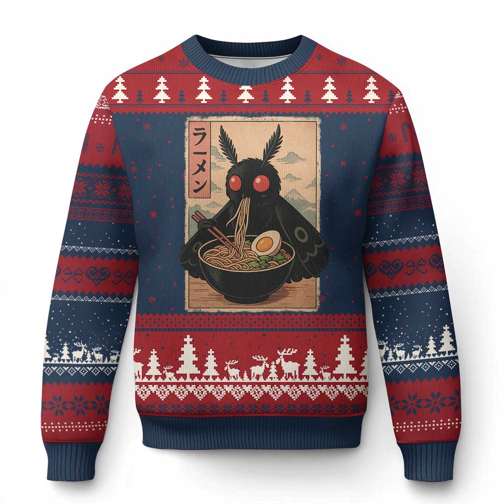 Funny Mothman Ramen Ugly Christmas Sweater Japanese Kawaii Noodles Cryptid Retro Manga Anime TS10 Navy Red Print Your Wear