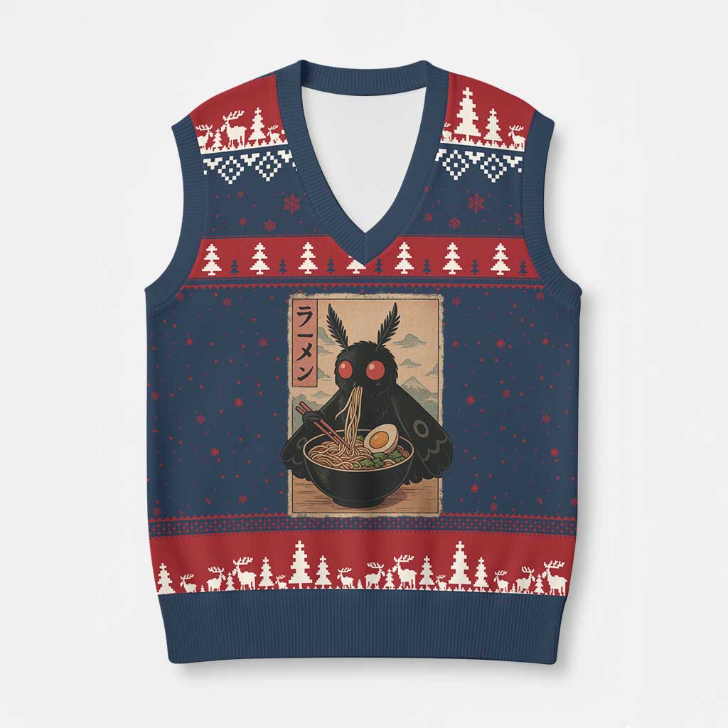 Funny Mothman Ramen V-Neck Knit Sweater Vest Japanese Kawaii Noodles Cryptid Retro Manga Anime TS10 Navy Red Print Your Wear