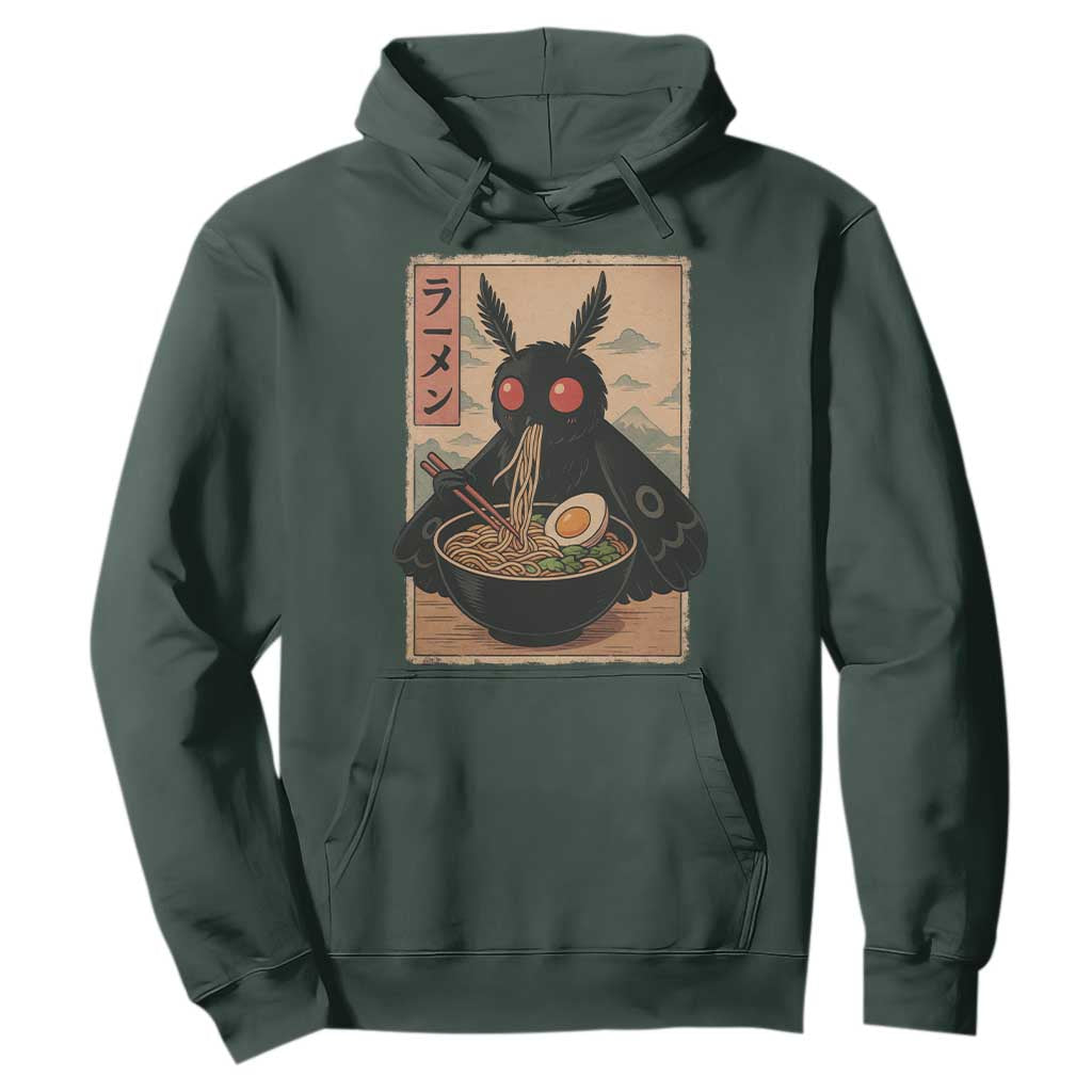 Funny Mothman Ramen Hoodie Japanese Kawaii Noodles Cryptid Retro Manga Anime TS10 Dark Forest Green Print Your Wear