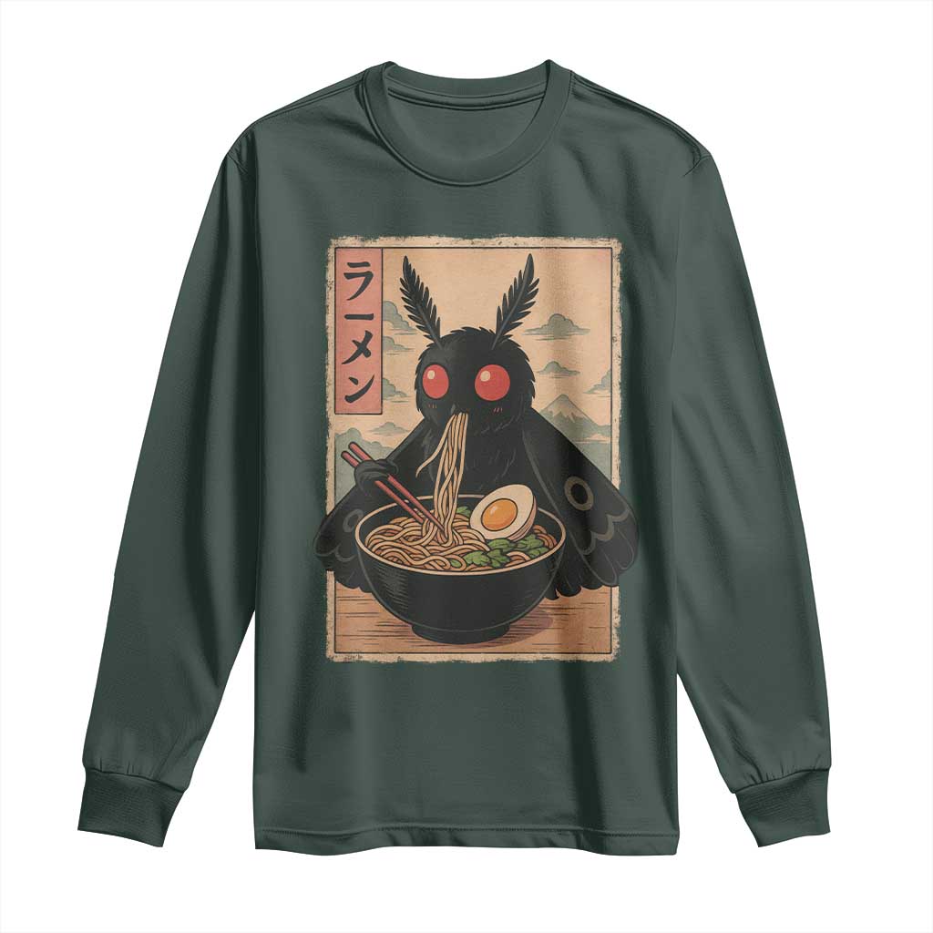 Funny Mothman Ramen Long Sleeve Shirt Japanese Kawaii Noodles Cryptid Retro Manga Anime TS10 Dark Forest Green Print Your Wear