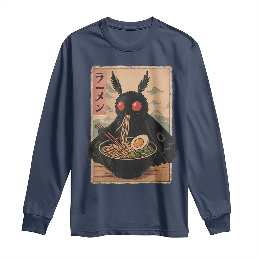 Funny Mothman Ramen Long Sleeve Shirt Japanese Kawaii Noodles Cryptid Retro Manga Anime TS10 Navy Print Your Wear