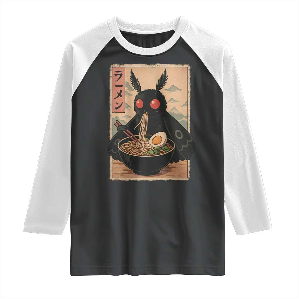 Funny Mothman Ramen Raglan Shirt Japanese Kawaii Noodles Cryptid Retro Manga Anime TS10 Black White Print Your Wear
