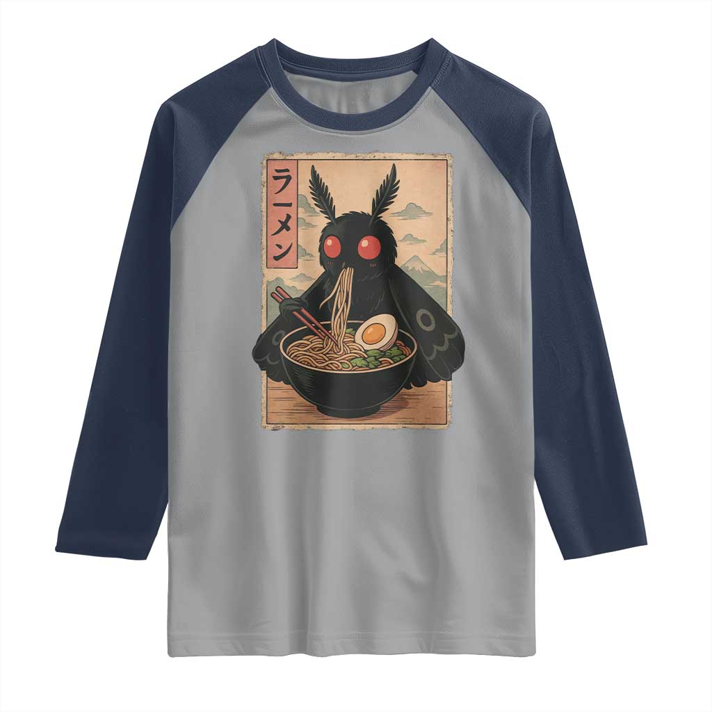 Funny Mothman Ramen Raglan Shirt Japanese Kawaii Noodles Cryptid Retro Manga Anime TS10 Sport Gray Navy Print Your Wear