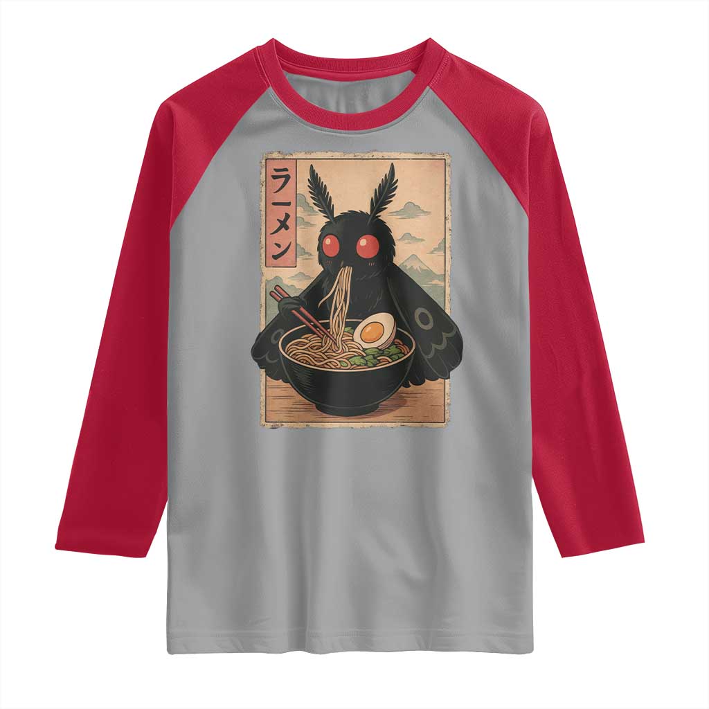 Funny Mothman Ramen Raglan Shirt Japanese Kawaii Noodles Cryptid Retro Manga Anime TS10 Sport Gray Red Print Your Wear