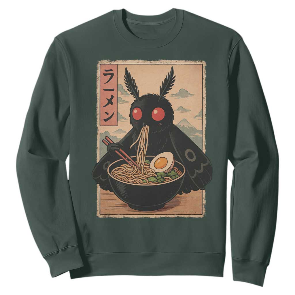 Funny Mothman Ramen Sweatshirt Japanese Kawaii Noodles Cryptid Retro Manga Anime TS10 Dark Forest Green Print Your Wear