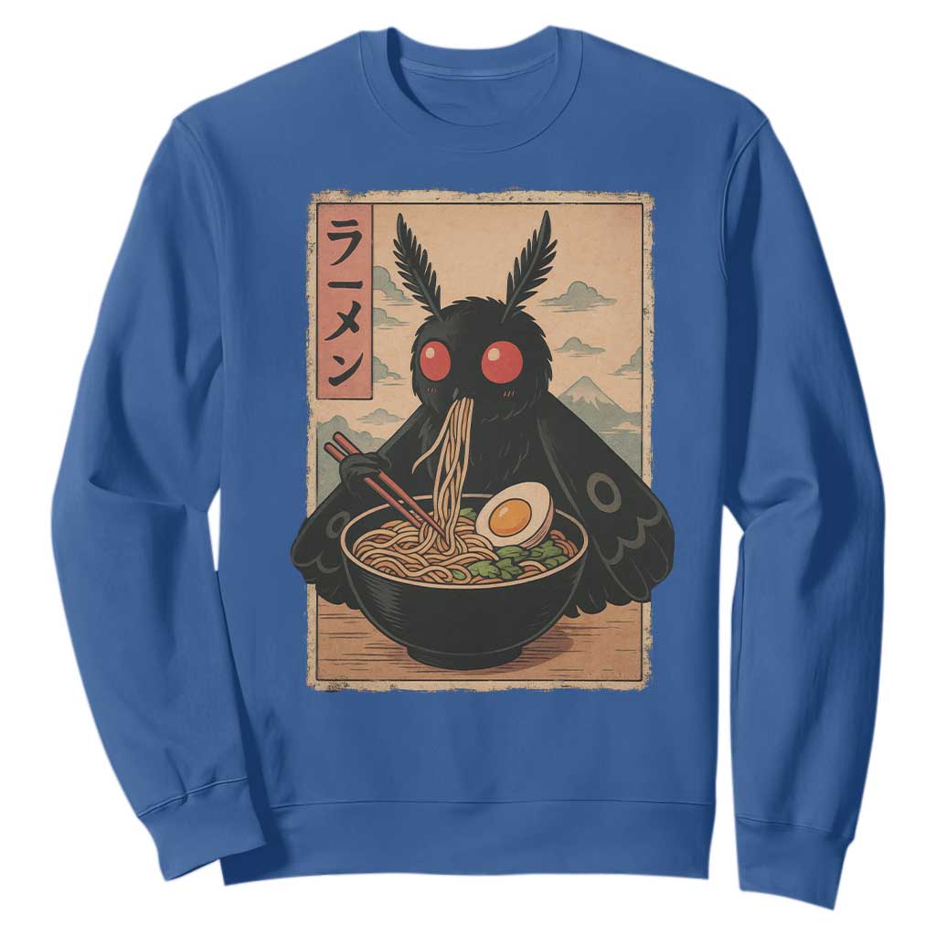 Funny Mothman Ramen Sweatshirt Japanese Kawaii Noodles Cryptid Retro Manga Anime TS10 Royal Blue Print Your Wear