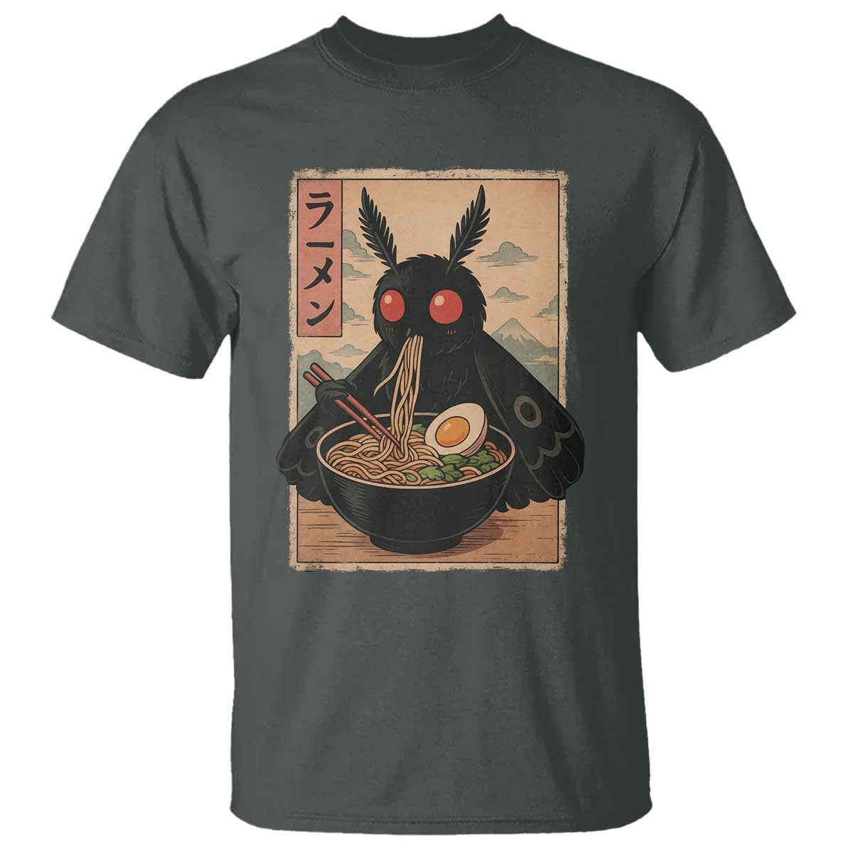 Funny Mothman Ramen T Shirt Japanese Kawaii Noodles Cryptid Retro Manga Anime TS10 Dark Heather Print Your Wear