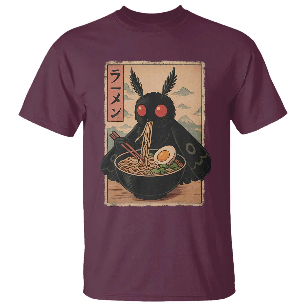 Funny Mothman Ramen T Shirt Japanese Kawaii Noodles Cryptid Retro Manga Anime TS10 Maroon Print Your Wear
