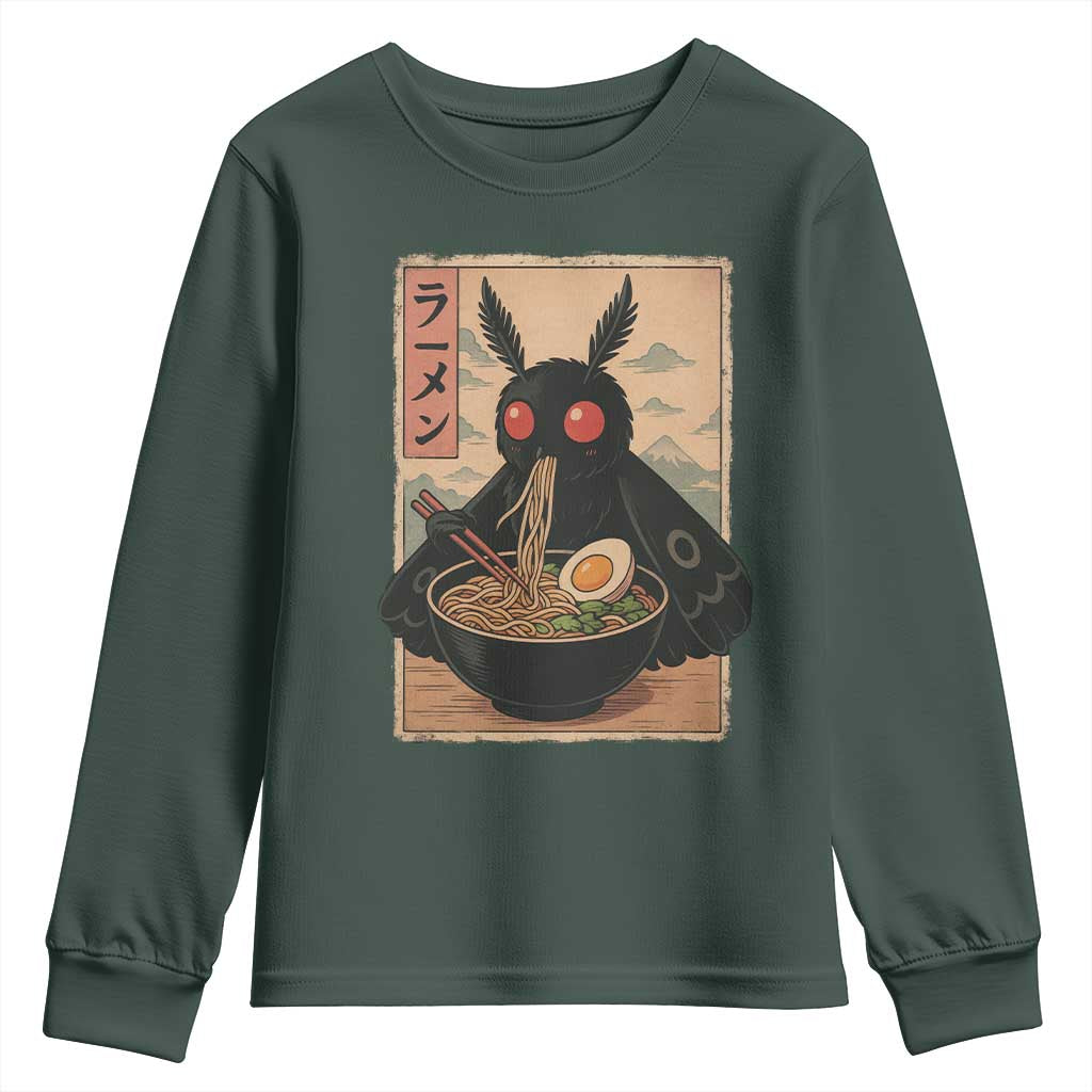 Funny Mothman Ramen Youth Sweatshirt Japanese Kawaii Noodles Cryptid Retro Manga Anime TS10 Dark Forest Green Print Your Wear