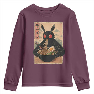 Funny Mothman Ramen Youth Sweatshirt Japanese Kawaii Noodles Cryptid Retro Manga Anime TS10 Maroon Print Your Wear