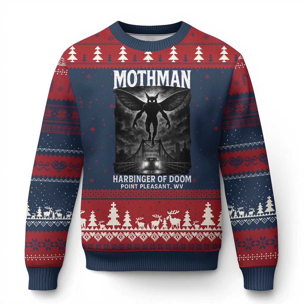 Mothman Ugly Christmas Sweater Horror Poster Halloween Harbinger of Doom Cryptid Creature TS10 Navy Red Print Your Wear