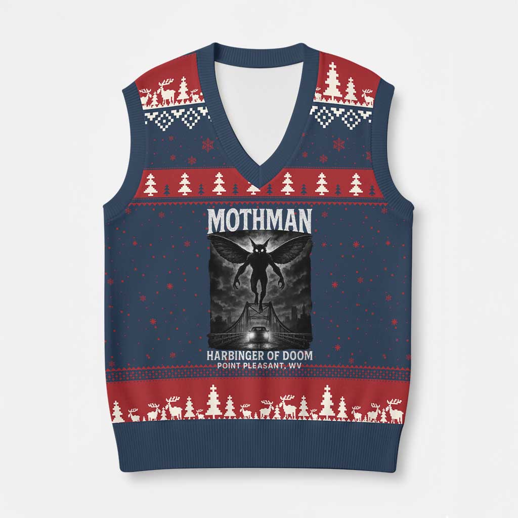 Mothman V-Neck Knit Sweater Vest Horror Poster Halloween Harbinger of Doom Cryptid Creature TS10 Navy Red Print Your Wear