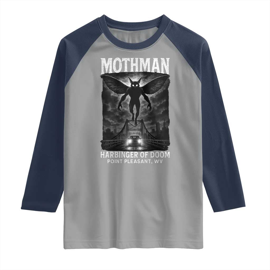 Mothman Raglan Shirt Horror Poster Halloween Harbinger of Doom Cryptid Creature TS10 Sport Gray Navy Print Your Wear