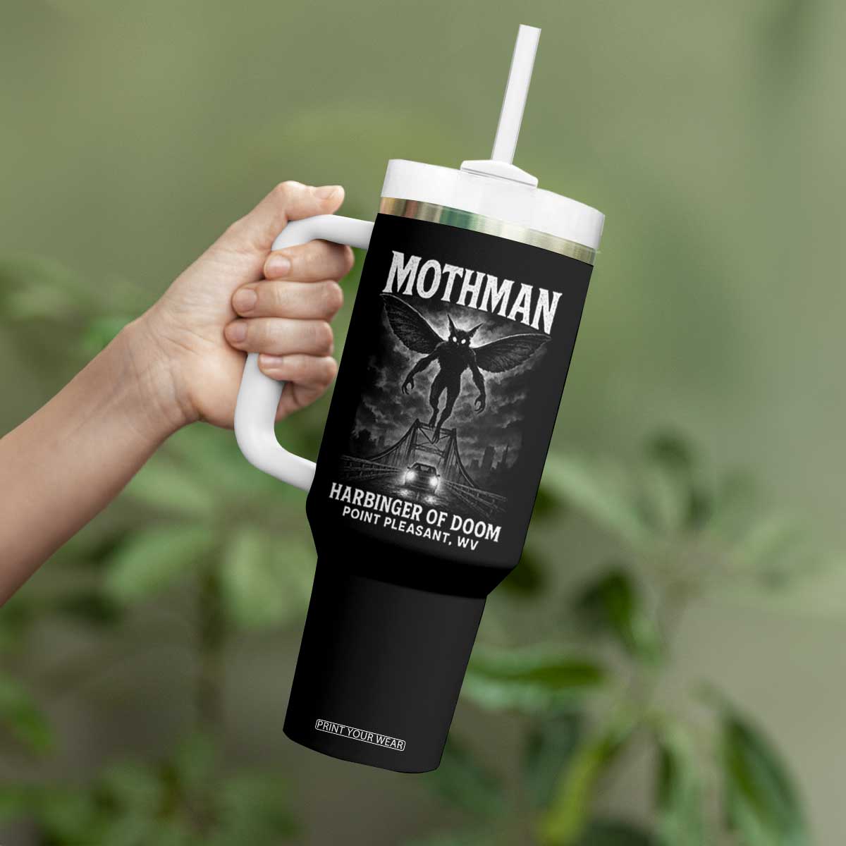 Mothman Tumbler With Handle Horror Poster Halloween Harbinger of Doom Cryptid Creature TS10 Print Your Wear