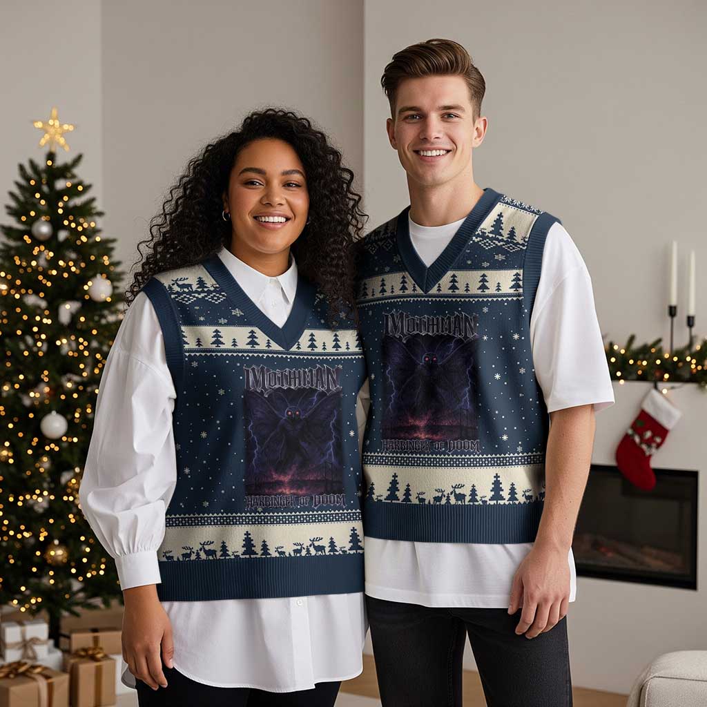 Mothman V-Neck Knit Sweater Vest Black Bridge Folk Horror Cryptid Fan TS10 Navy Beige Print Your Wear