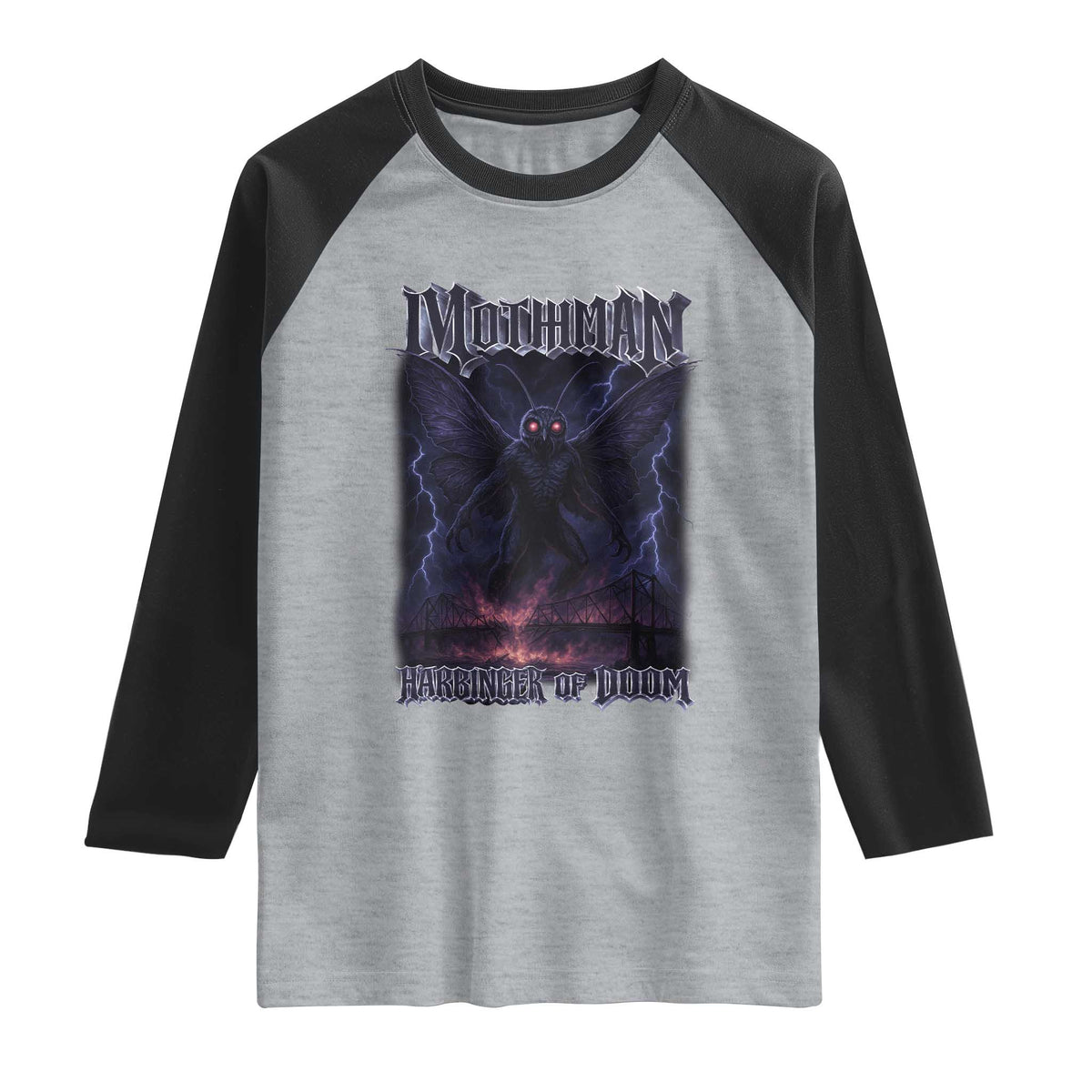 Mothman Raglan Shirt Black Bridge Folk Horror Cryptid Fan TS10 Heather Gray Black Print Your Wear