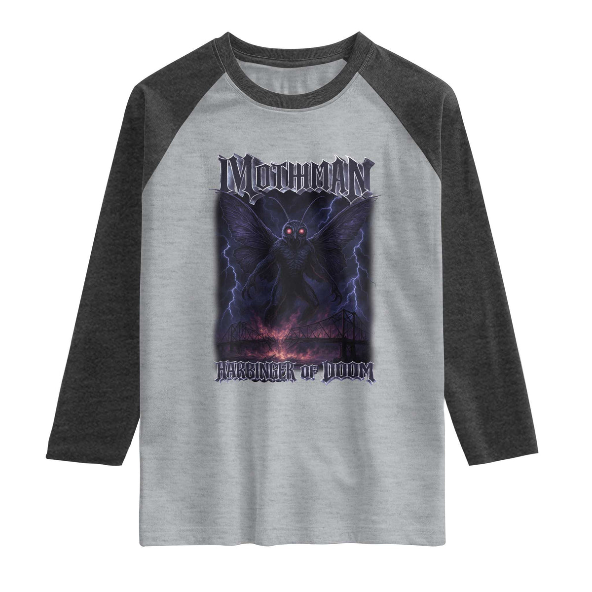 Mothman Raglan Shirt Black Bridge Folk Horror Cryptid Fan TS10 Heather Gray Heather Charcoal Print Your Wear