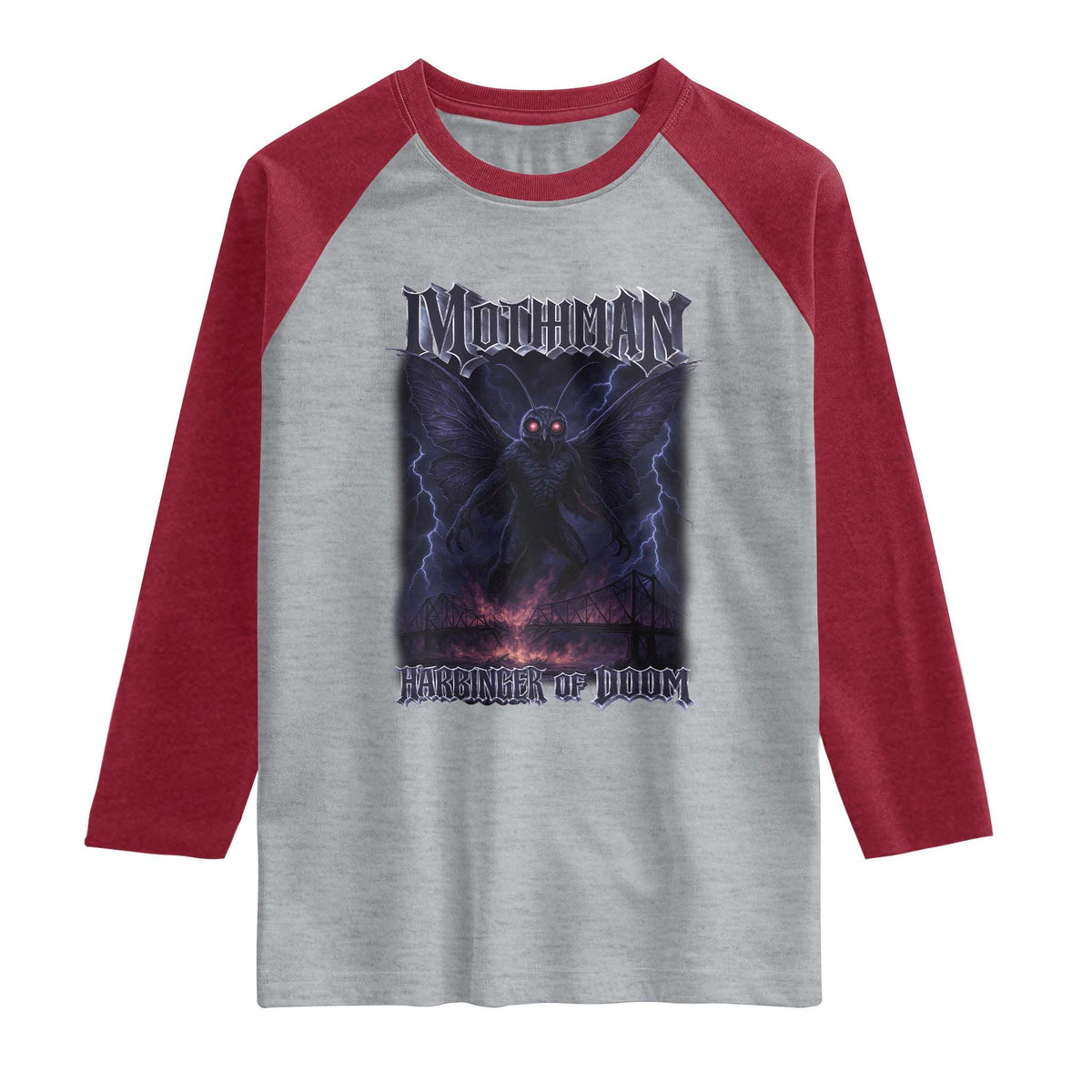 Mothman Raglan Shirt Black Bridge Folk Horror Cryptid Fan TS10 Heather Gray Heather Red Print Your Wear