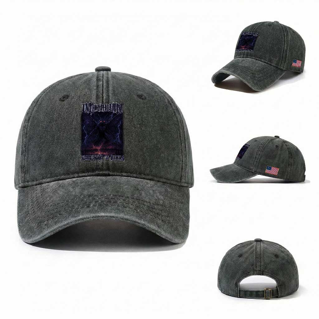 Mothman Washed Cotton Baseball Cap Black Bridge Folk Horror Cryptid Fan TS10 Washed Cap Universal Fit Dark Green Print Your Wear