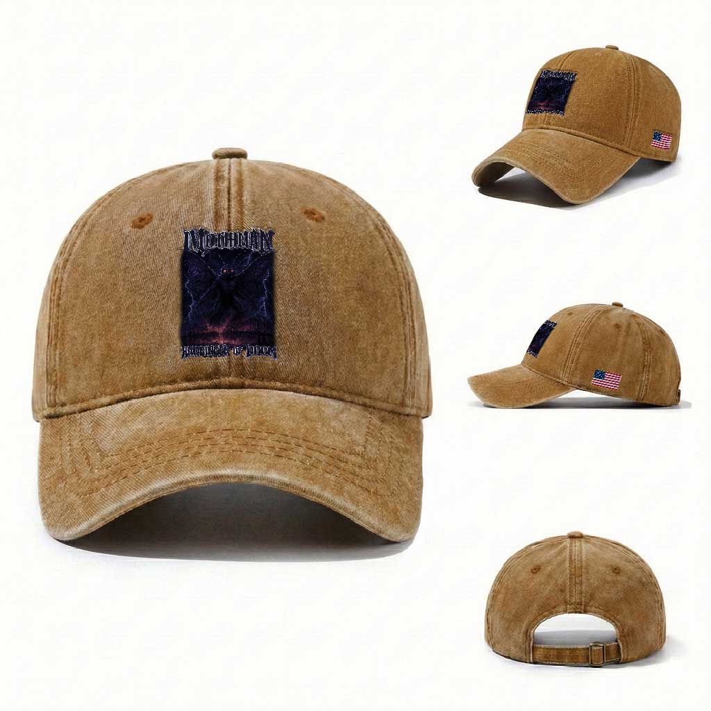 Mothman Washed Cotton Baseball Cap Black Bridge Folk Horror Cryptid Fan TS10 Washed Cap Universal Fit Yellow Ochre Print Your Wear