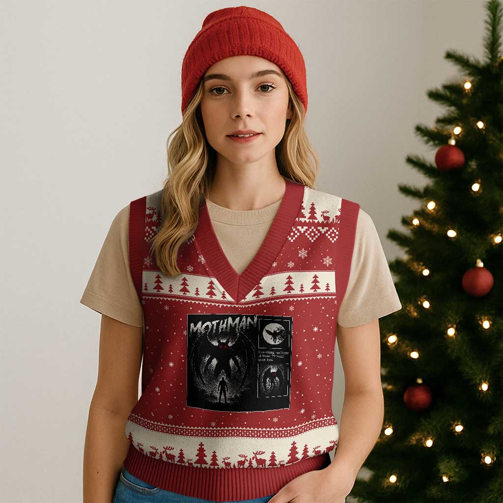 Mothman V-Neck Knit Sweater Vest Retro Horror Manga Urban Myth Cryptid Creature TS10 Red Beige Print Your Wear