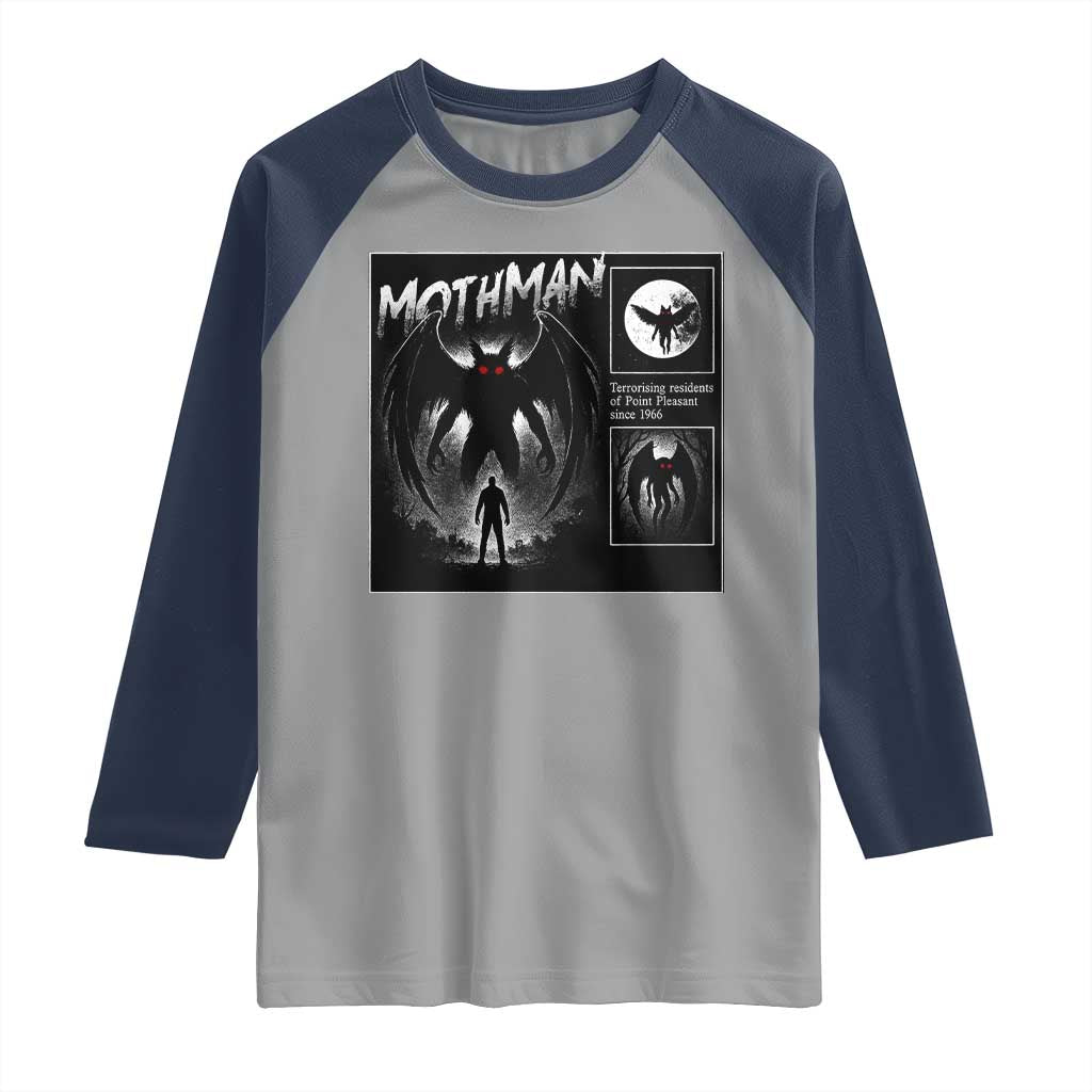Mothman Raglan Shirt Retro Horror Manga Urban Myth Cryptid Creature TS10 Sport Gray Navy Print Your Wear