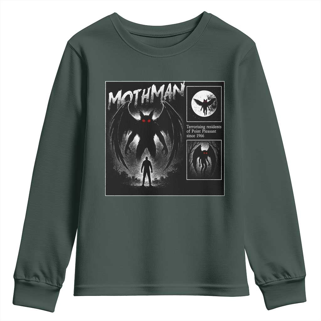 Mothman Youth Sweatshirt Retro Horror Manga Urban Myth Cryptid Creature TS10 Dark Forest Green Print Your Wear