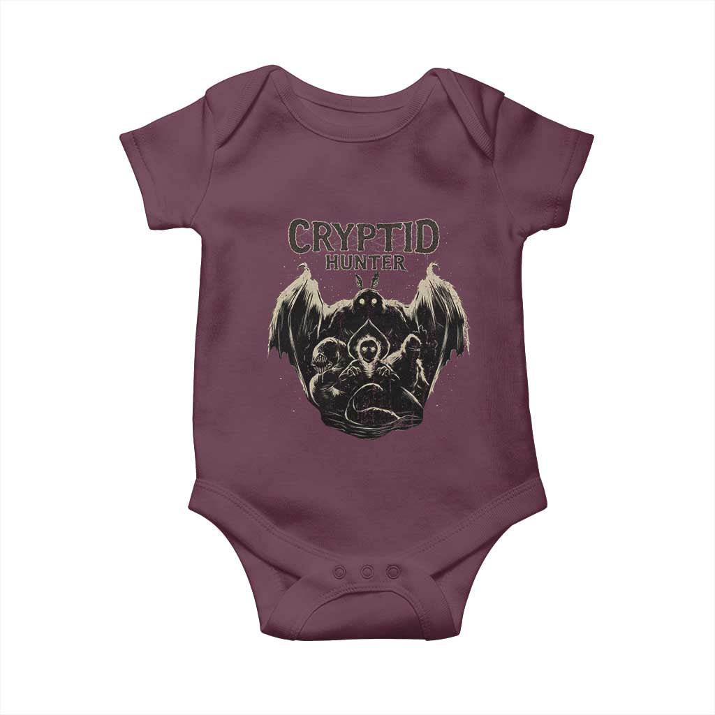 Retro Cryptid Hunter Baby Onesie Mothman Bigfoot Loch Ness Monster Cryptids TS10 Maroon Print Your Wear