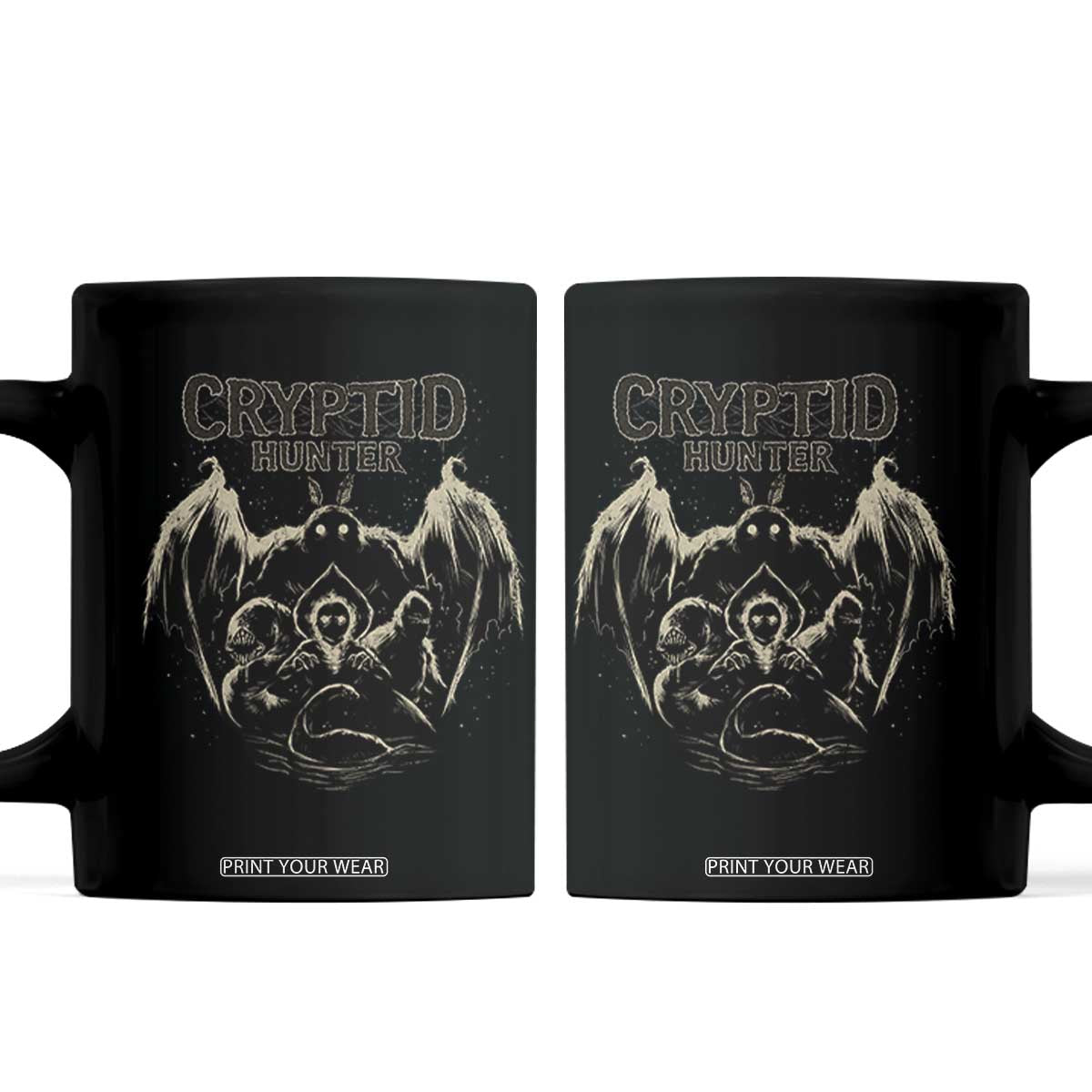 Retro Cryptid Hunter Coffee Mug Mothman Bigfoot Loch Ness Monster Cryptids TS10 Black Print Your Wear