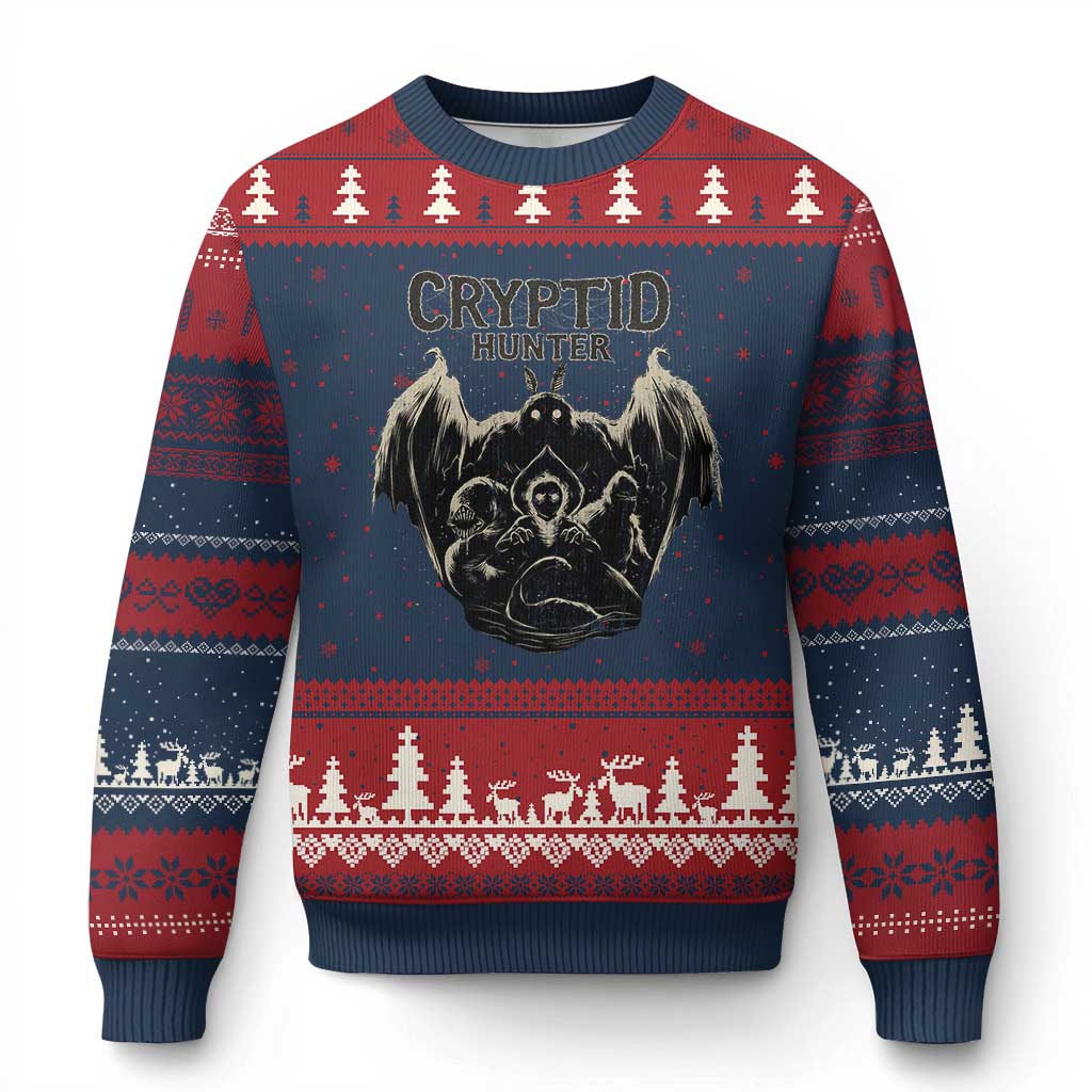 Retro Cryptid Hunter Ugly Christmas Sweater Mothman Bigfoot Loch Ness Monster Cryptids TS10 Navy Red Print Your Wear