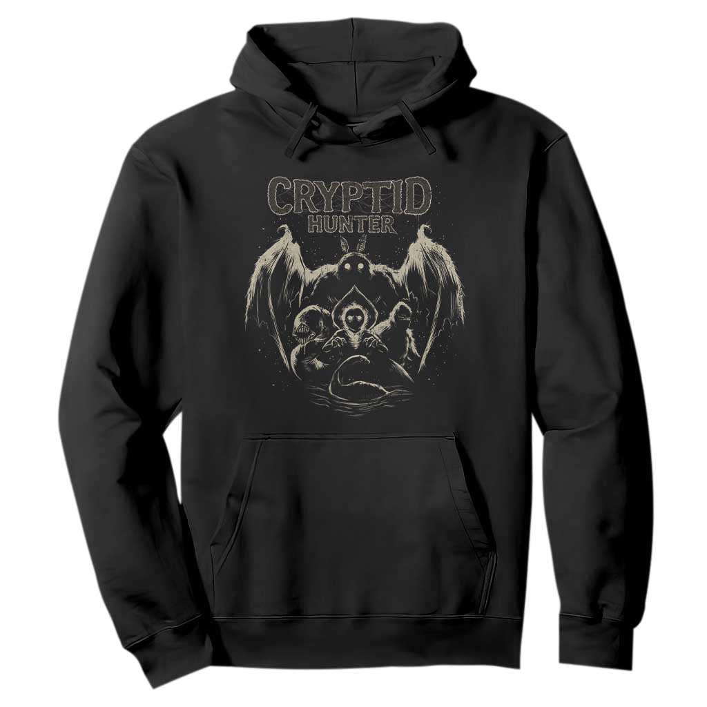 Retro Cryptid Hunter Hoodie Mothman Bigfoot Loch Ness Monster Cryptids TS10 Black Print Your Wear
