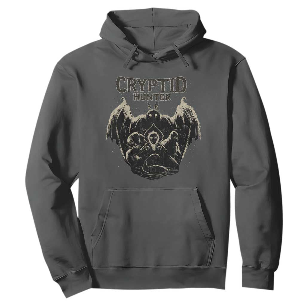 Retro Cryptid Hunter Hoodie Mothman Bigfoot Loch Ness Monster Cryptids TS10 Dark Heather Print Your Wear