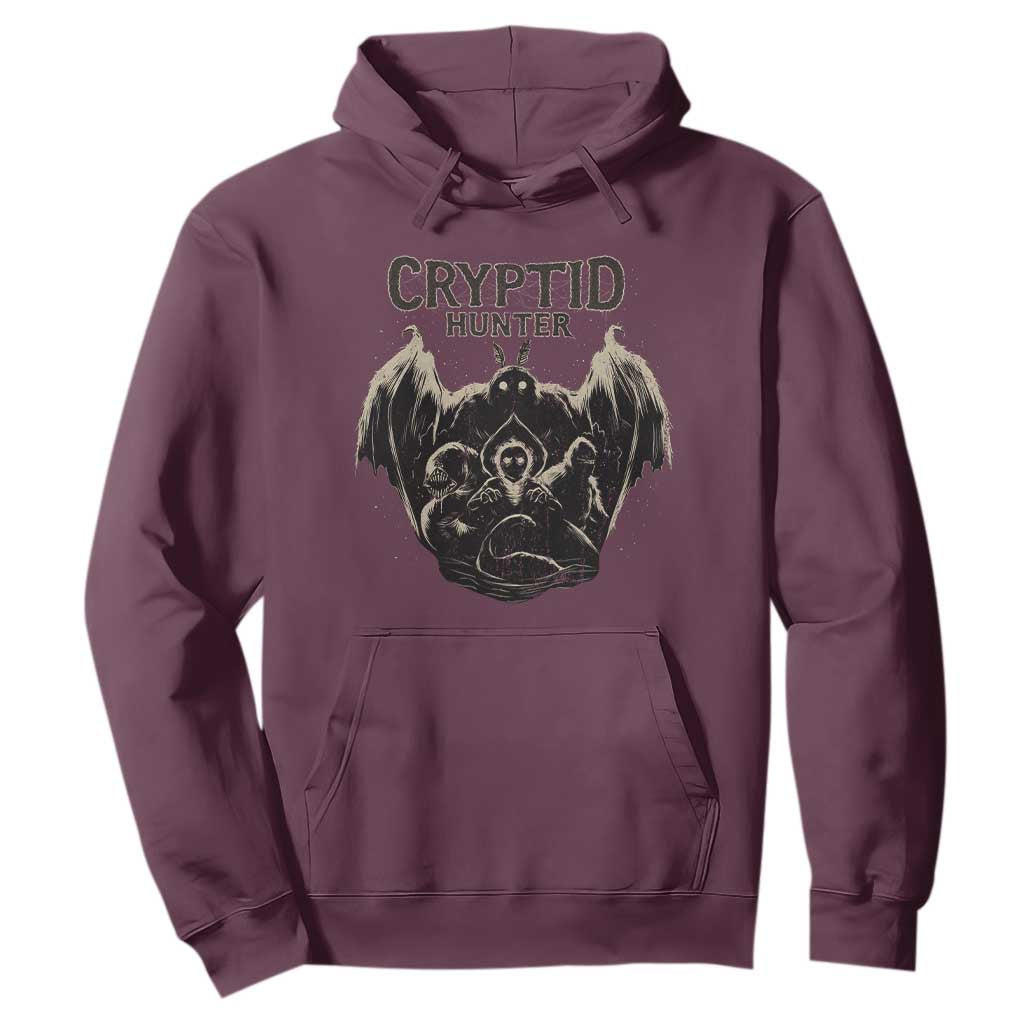 Retro Cryptid Hunter Hoodie Mothman Bigfoot Loch Ness Monster Cryptids TS10 Maroon Print Your Wear