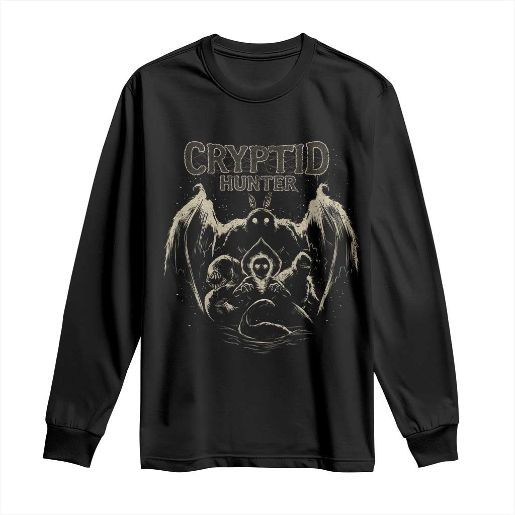 Retro Cryptid Hunter Long Sleeve Shirt Mothman Bigfoot Loch Ness Monster Cryptids TS10 Black Print Your Wear
