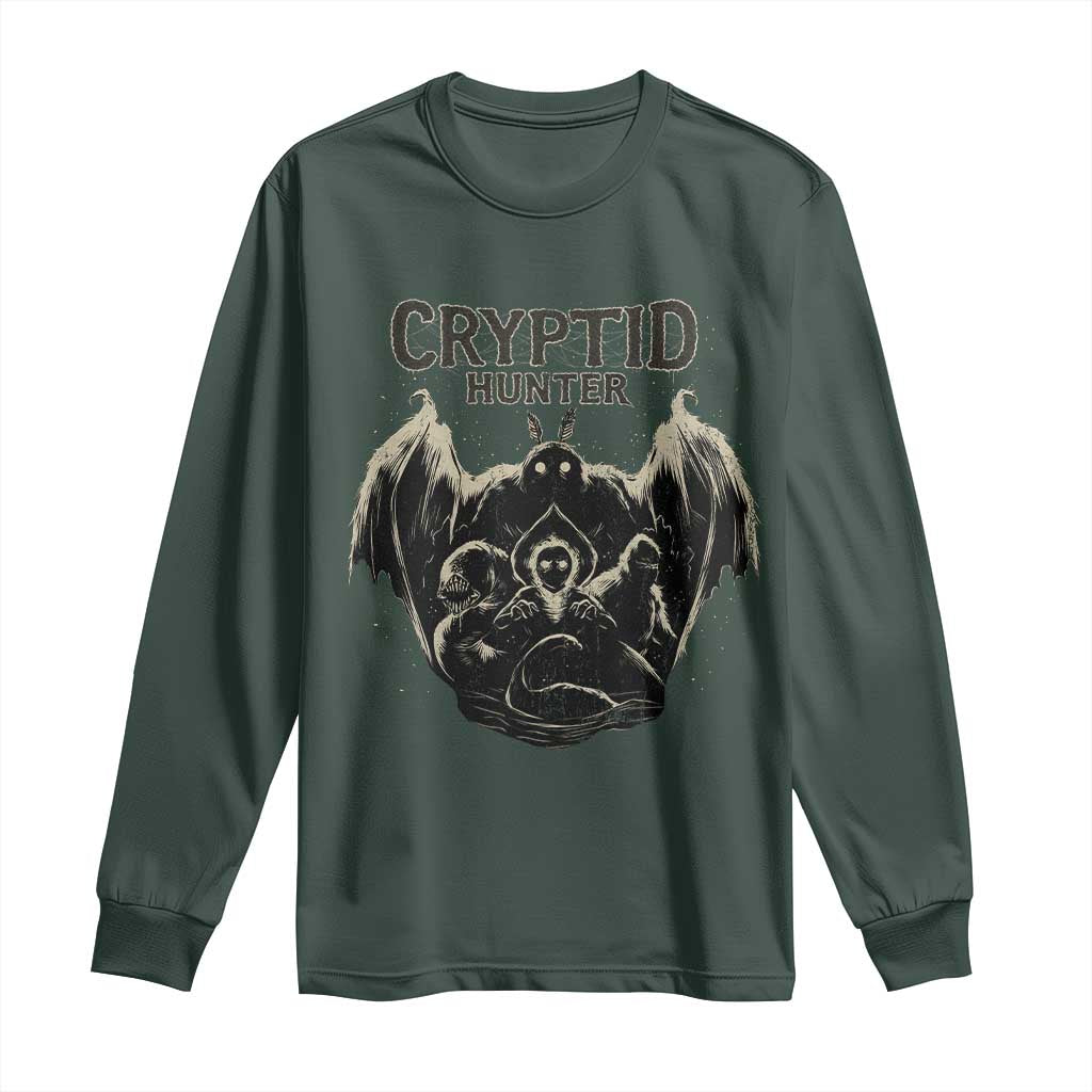 Retro Cryptid Hunter Long Sleeve Shirt Mothman Bigfoot Loch Ness Monster Cryptids TS10 Dark Forest Green Print Your Wear