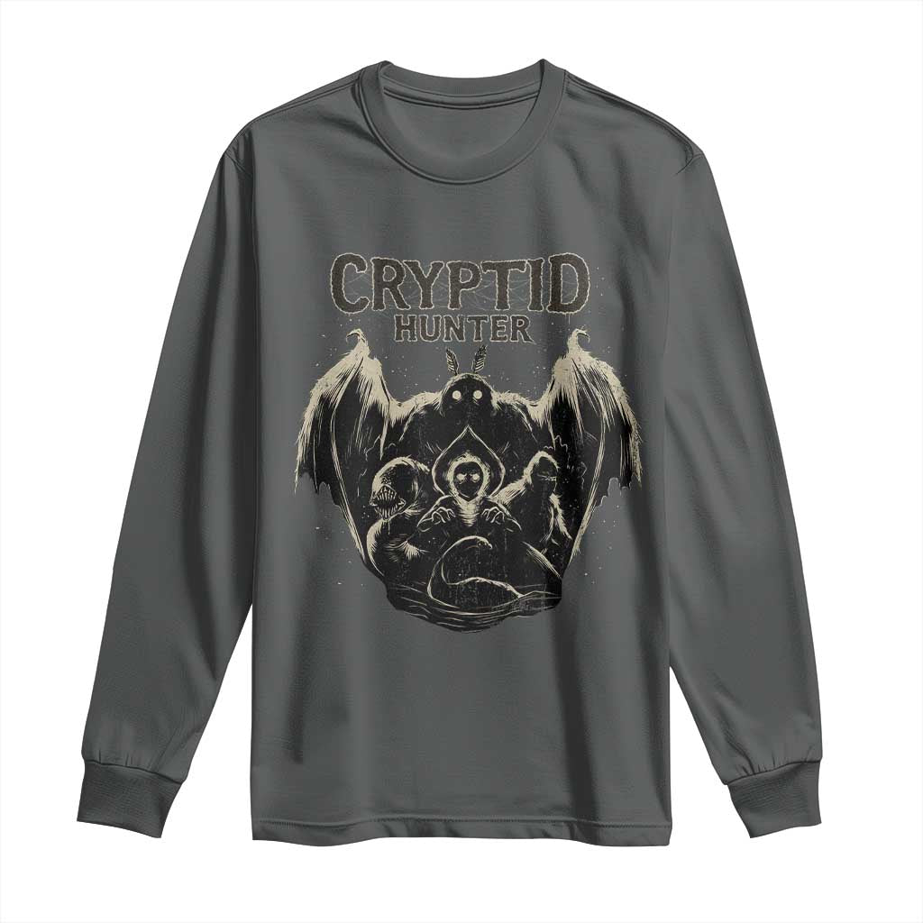 Retro Cryptid Hunter Long Sleeve Shirt Mothman Bigfoot Loch Ness Monster Cryptids TS10 Dark Heather Print Your Wear