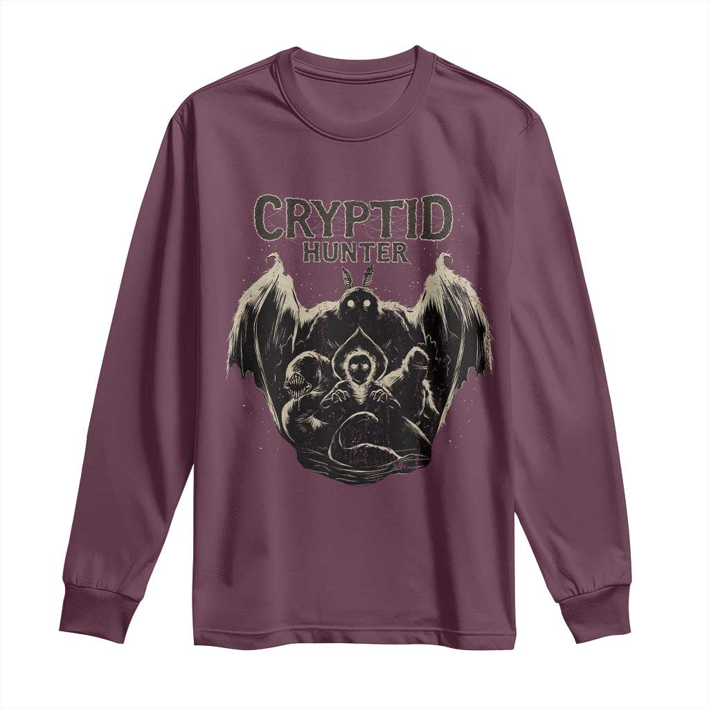 Retro Cryptid Hunter Long Sleeve Shirt Mothman Bigfoot Loch Ness Monster Cryptids TS10 Maroon Print Your Wear