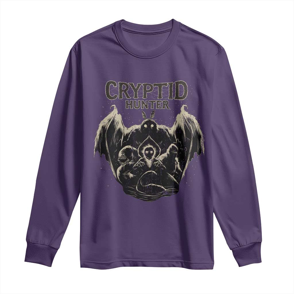 Retro Cryptid Hunter Long Sleeve Shirt Mothman Bigfoot Loch Ness Monster Cryptids TS10 Purple Print Your Wear