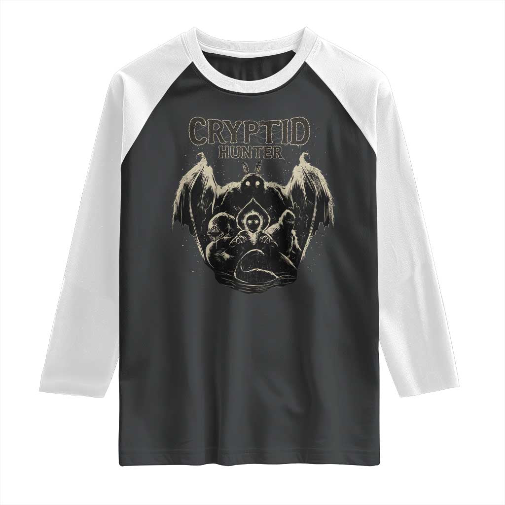 Retro Cryptid Hunter Raglan Shirt Mothman Bigfoot Loch Ness Monster Cryptids TS10 Black White Print Your Wear