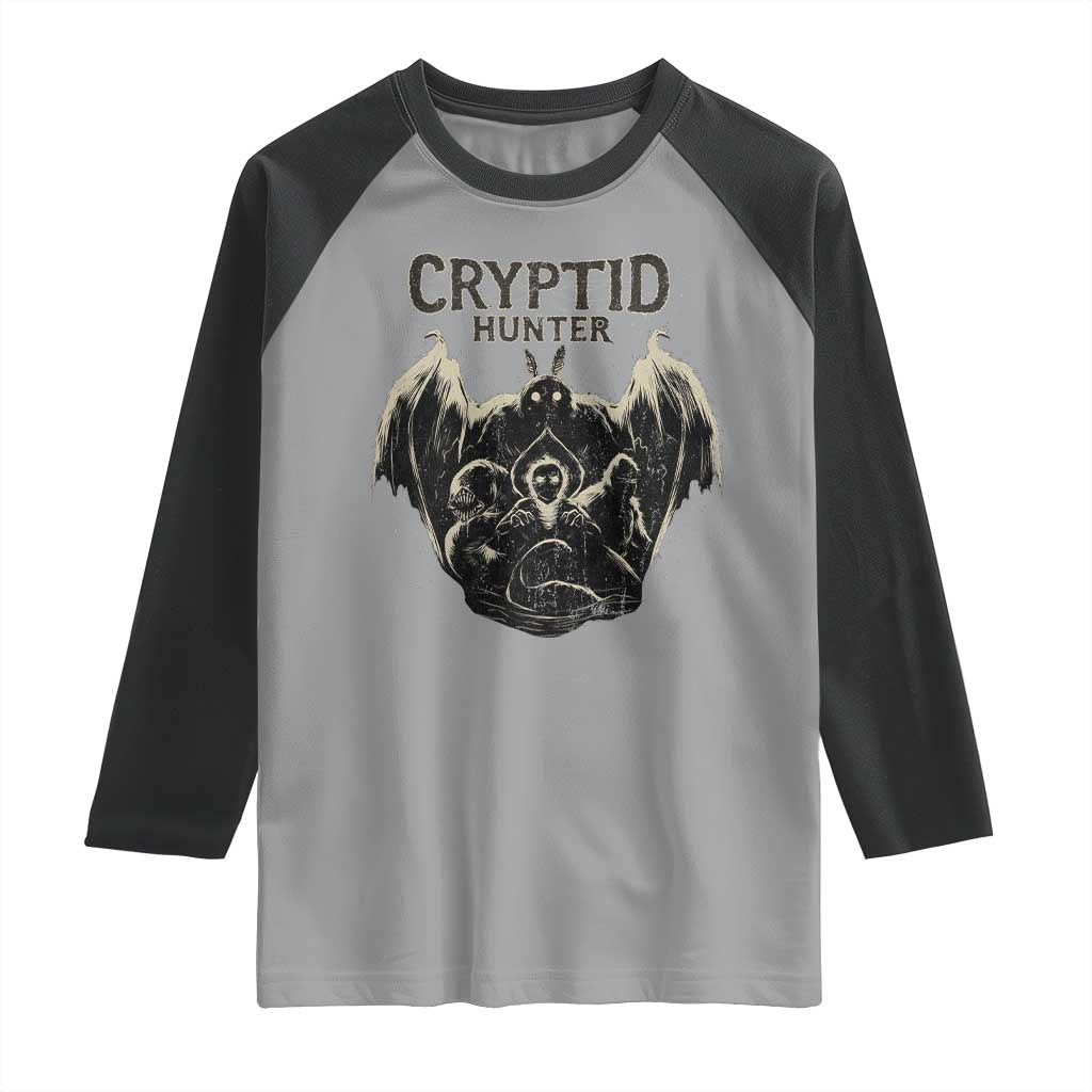 Retro Cryptid Hunter Raglan Shirt Mothman Bigfoot Loch Ness Monster Cryptids TS10 Sport Gray Black Print Your Wear