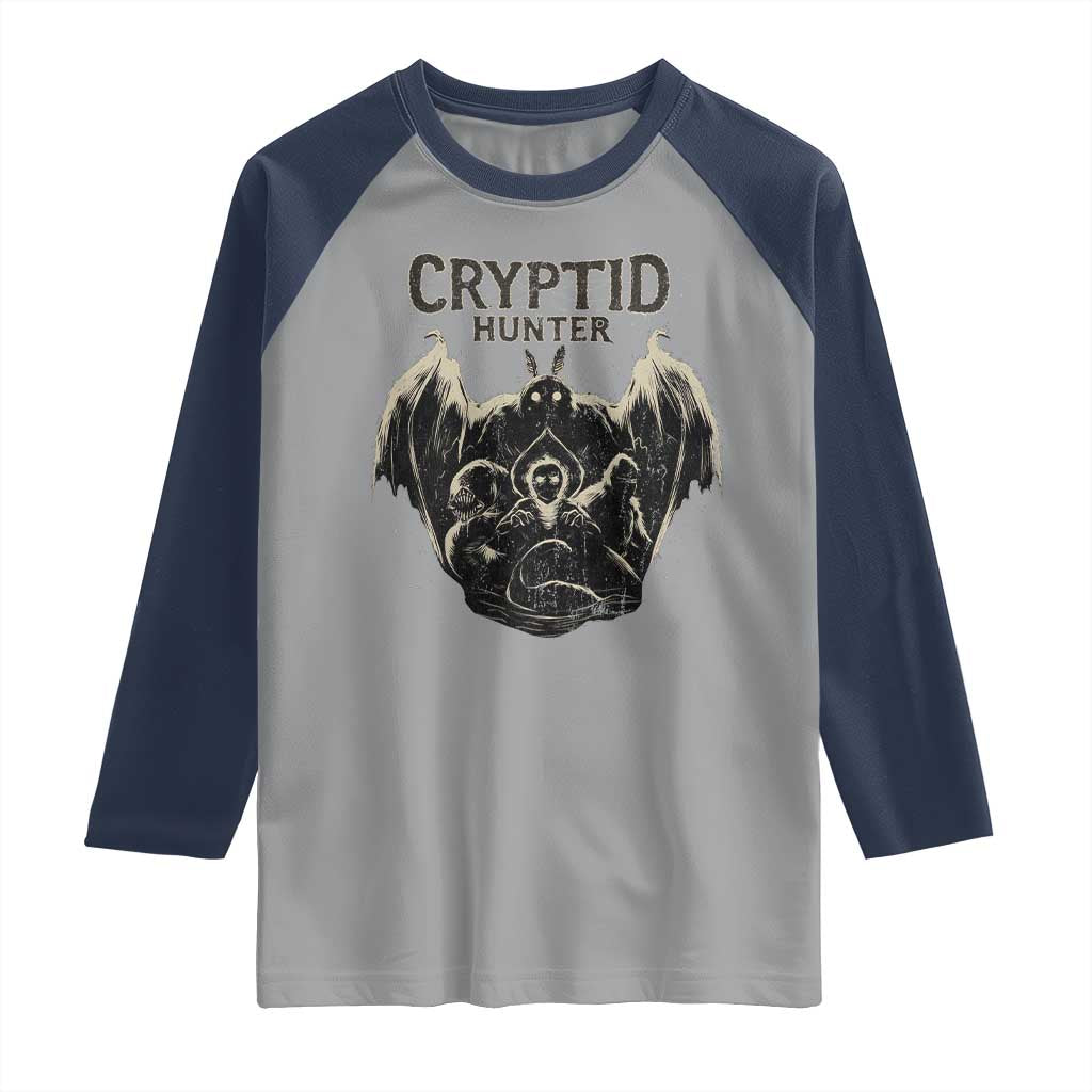 Retro Cryptid Hunter Raglan Shirt Mothman Bigfoot Loch Ness Monster Cryptids TS10 Sport Gray Navy Print Your Wear