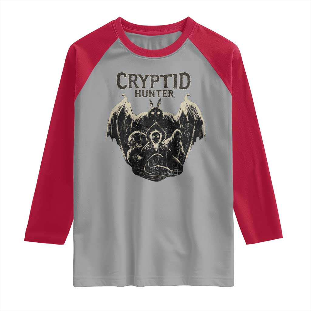 Retro Cryptid Hunter Raglan Shirt Mothman Bigfoot Loch Ness Monster Cryptids TS10 Sport Gray Red Print Your Wear