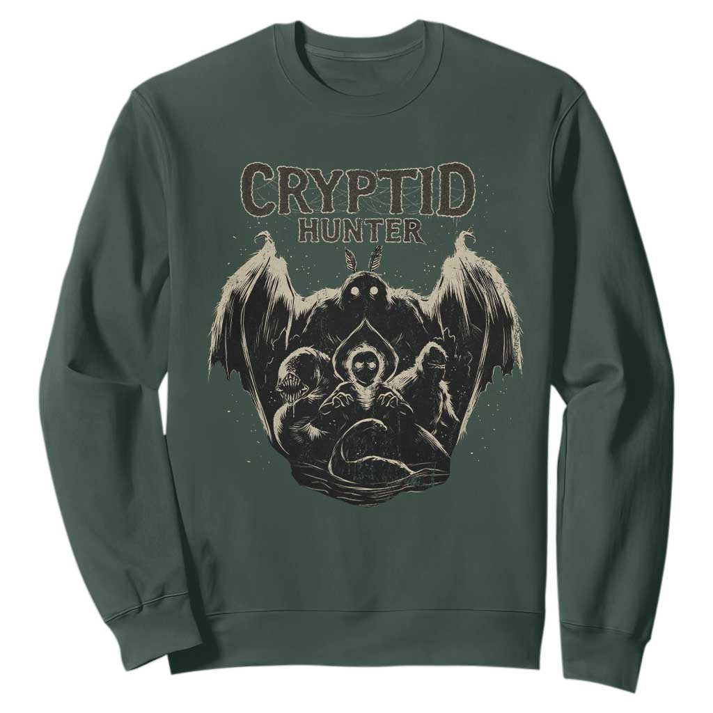 Retro Cryptid Hunter Sweatshirt Mothman Bigfoot Loch Ness Monster Cryptids TS10 Dark Forest Green Print Your Wear