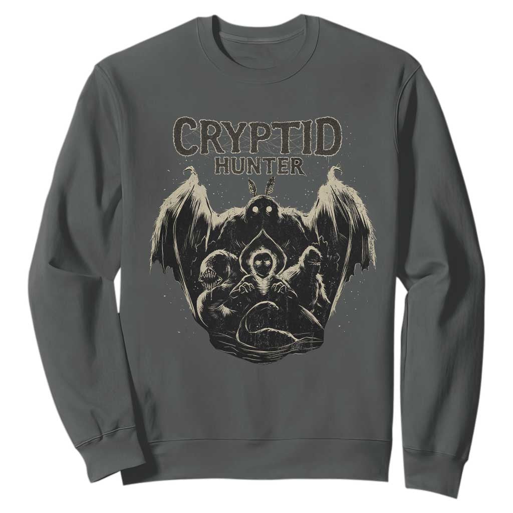 Retro Cryptid Hunter Sweatshirt Mothman Bigfoot Loch Ness Monster Cryptids TS10 Dark Heather Print Your Wear