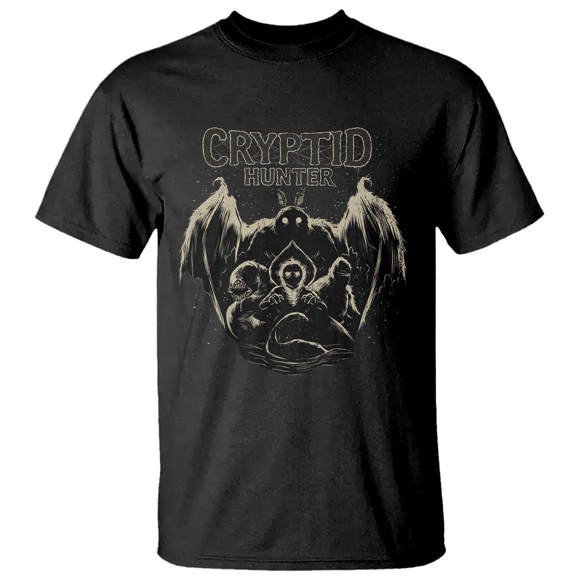Retro Cryptid Hunter T Shirt Mothman Bigfoot Loch Ness Monster Cryptids TS10 Black Print Your Wear