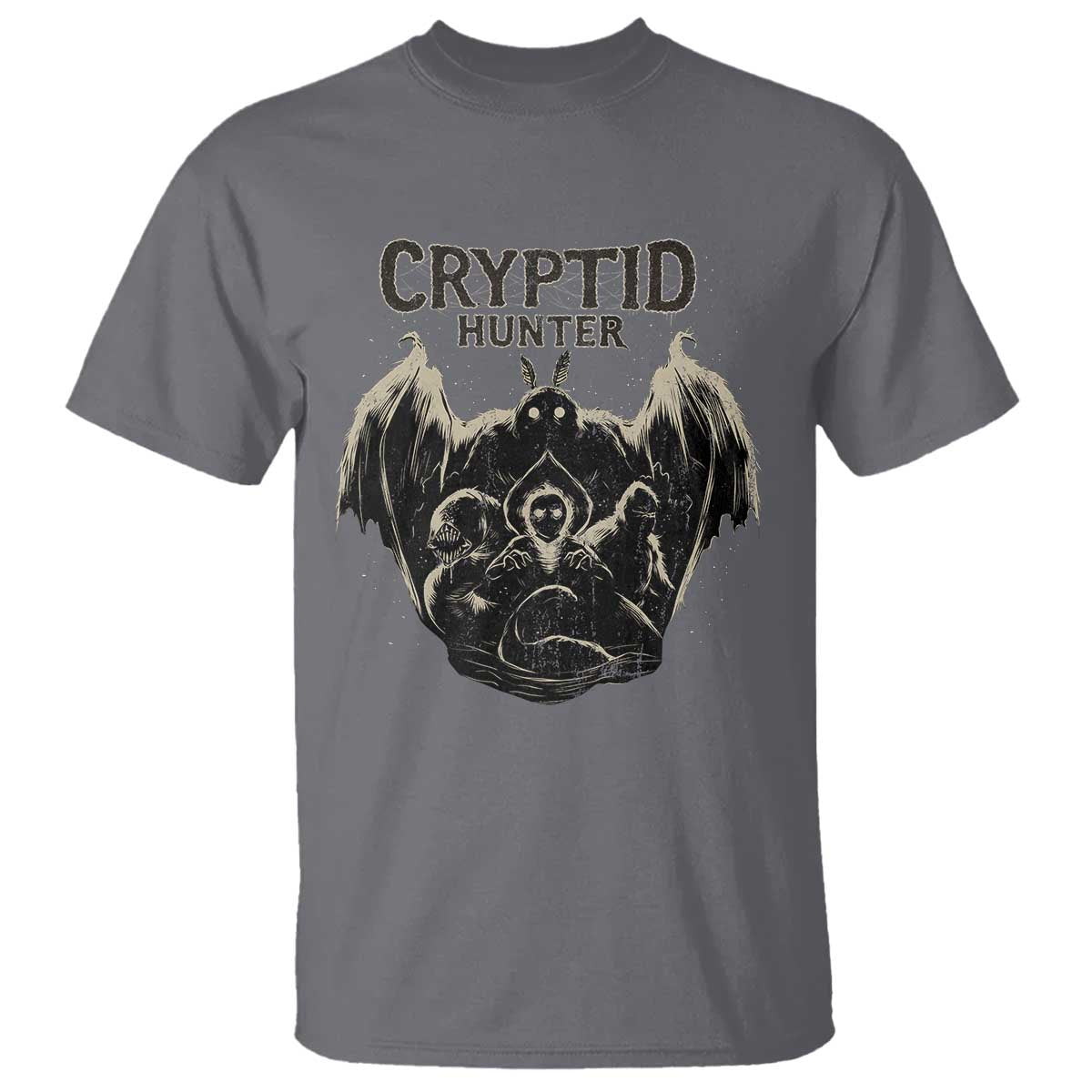 Retro Cryptid Hunter T Shirt Mothman Bigfoot Loch Ness Monster Cryptids TS10 Charcoal Print Your Wear