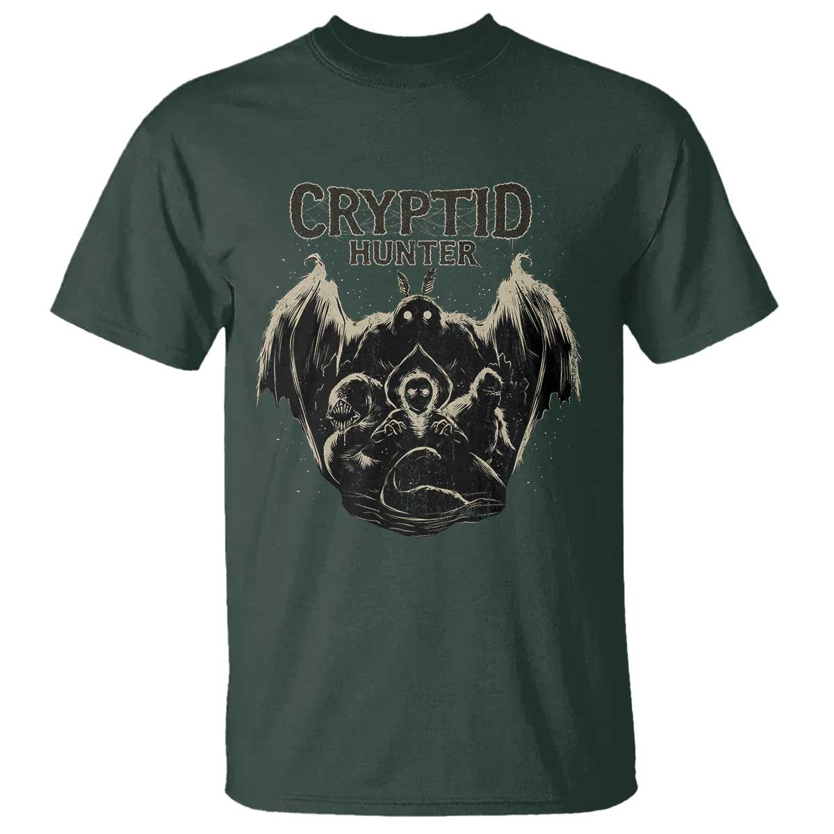Retro Cryptid Hunter T Shirt Mothman Bigfoot Loch Ness Monster Cryptids TS10 Dark Forest Green Print Your Wear