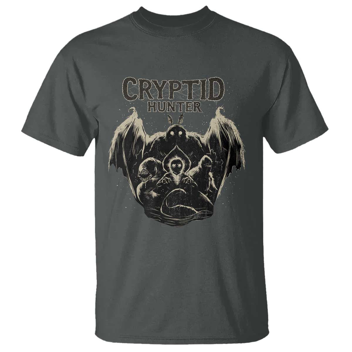 Retro Cryptid Hunter T Shirt Mothman Bigfoot Loch Ness Monster Cryptids TS10 Dark Heather Print Your Wear