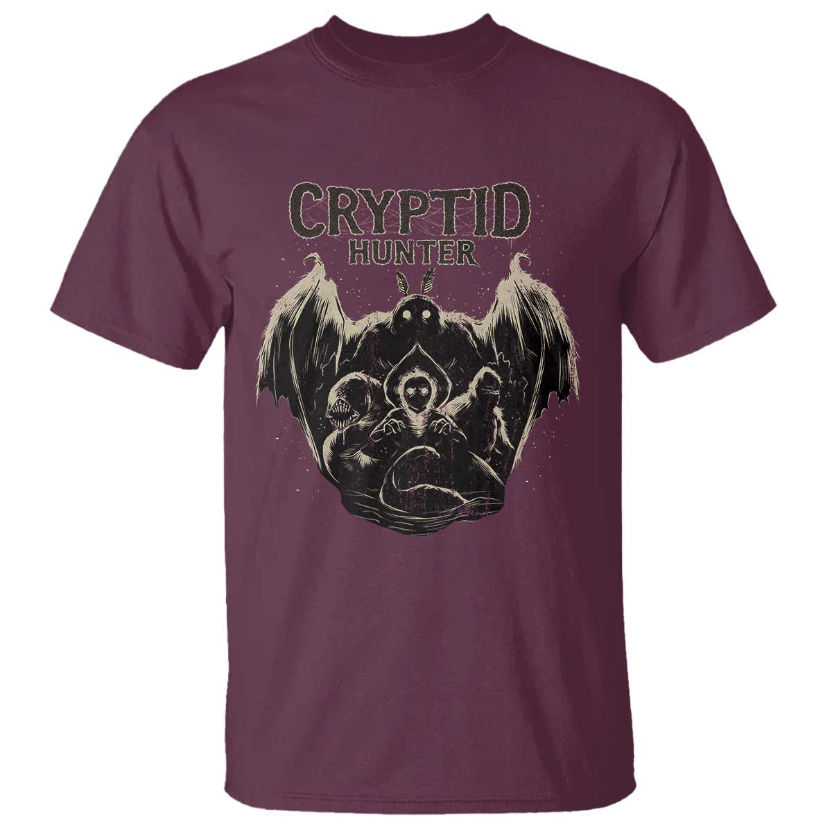 Retro Cryptid Hunter T Shirt Mothman Bigfoot Loch Ness Monster Cryptids TS10 Maroon Print Your Wear